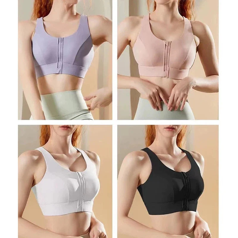 Large Size Women's Sports Fitness Bra Shock-Absorbing Gathered Front Zipper Design No Buckle Needed for Comfortable Fit
