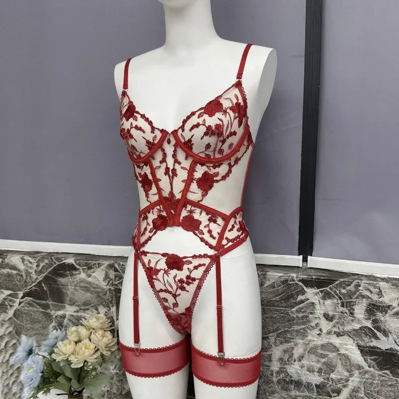 Toucheart Christmas Erotic Lingerie Seductive Embroidery Mesh Women See-through Body Shaping Sexy Pure Desire Hot Underwear Set