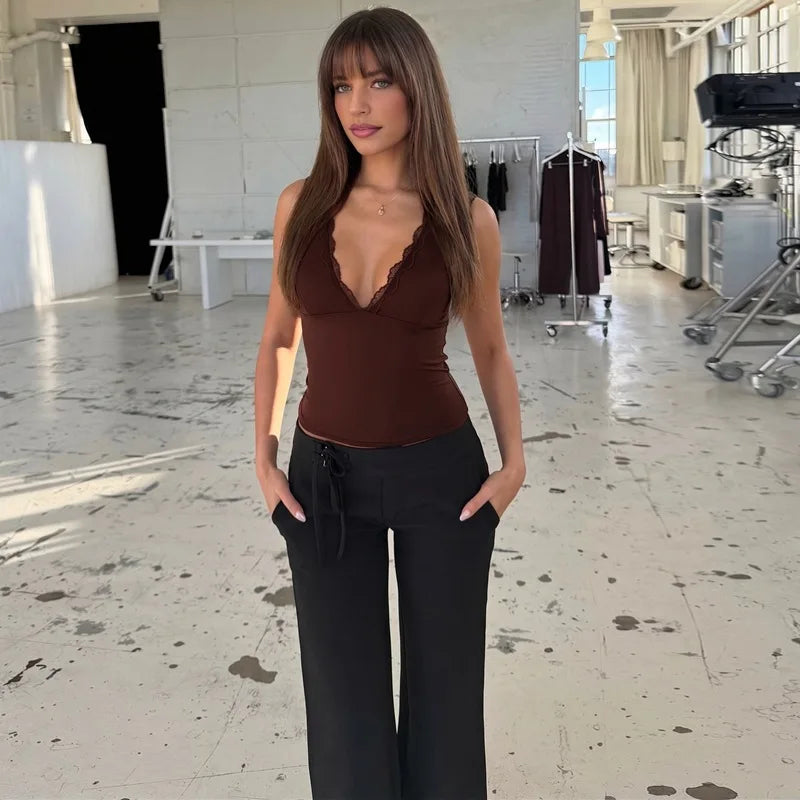 FDYOUI Deep V-neck Sleeveless Tank Tops Y2K Woman Clothes 2026 Summer Lace Patchwork T-shirt Girls Slim Corset Top Streetwear