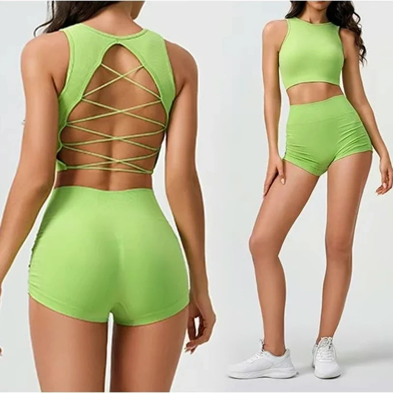 Women's Backless Cross Belt Sports Vest Yoga Exercise Fitness Suit Threaded Pleated Hip Lifting Shorts Set