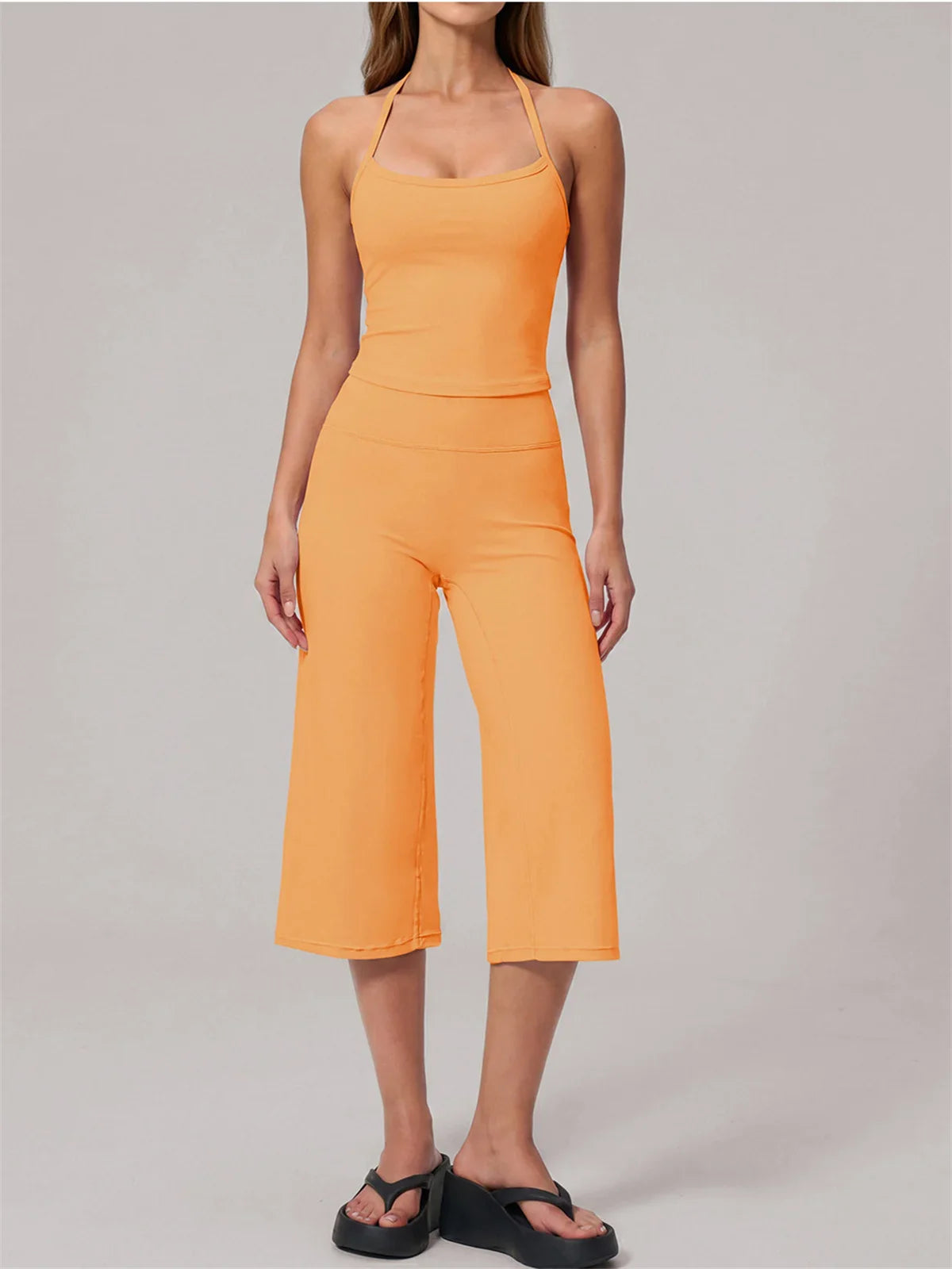 Hanging Neck Camisole Yoga Sets Women Nude Hollow Back Cross Slim Sports Tank Top High Waist Wide Leg Capri Pants Fitness Suits