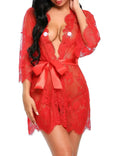 Women Sexy Lingerie Erotic Transparent V-Neck Nightwear Babydoll Robe G-string Costume Kimono Robe Lace Sleepwear Dress