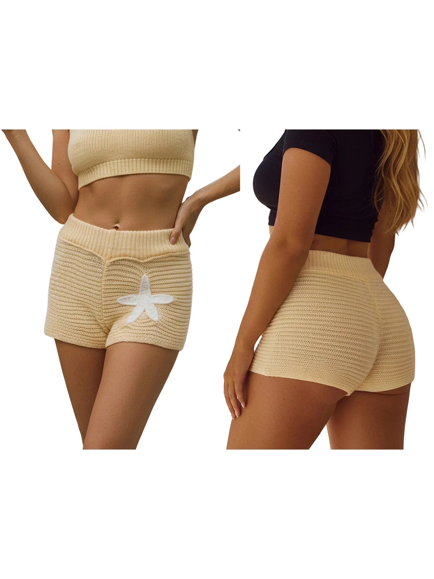 Women Slim Fit Stylish Decorative Starfish Ribbed Elastic Mid Rise Shorts Spring/Summer Holiday Beach Casual Knit Shorts