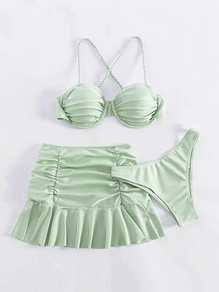 2026 Push Up 3 Pieces Bikini & Beach Slirt Swimsuit Women Strappy Swimwear Female Bathers Bathing Swimming Swim Suit Beachwear