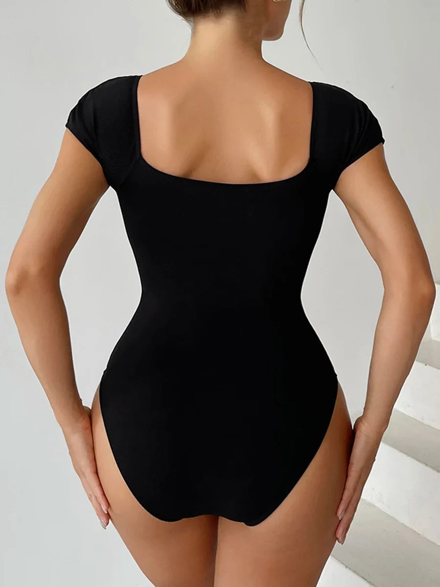 2026 Short Sleeve Swimsuit Women One Piece Solid Swimwear Female Zipper Bathers Bathing Swimming Suit Summer Beachwear Bodysuit