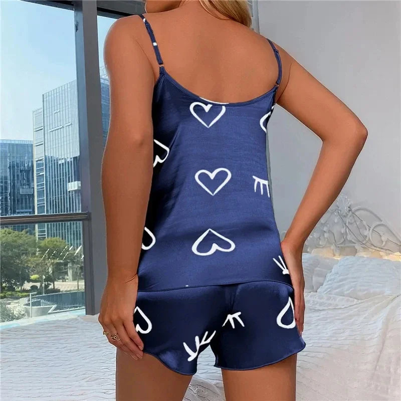 Women Ice Silk Pajamas Sleepwear Pajama Set Camisole Shorts Gray Pink Low Cut Comfortable Casual Summer