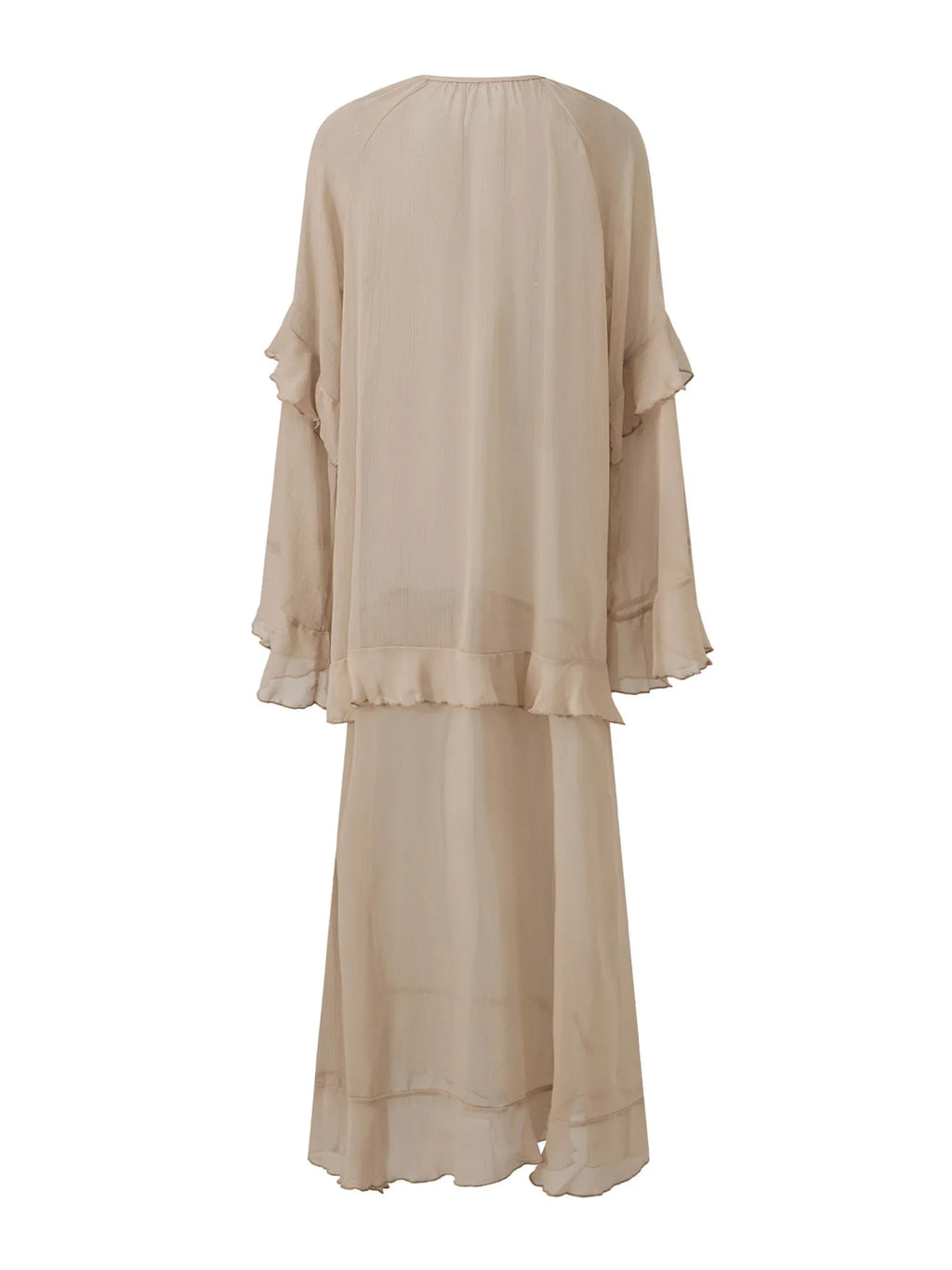 Women's Sheer Chiffon Long Dress Stylish Ruffle Trim V Neck Long Sleeve Loose Fit Dress See Through Cover-ups Streetwear