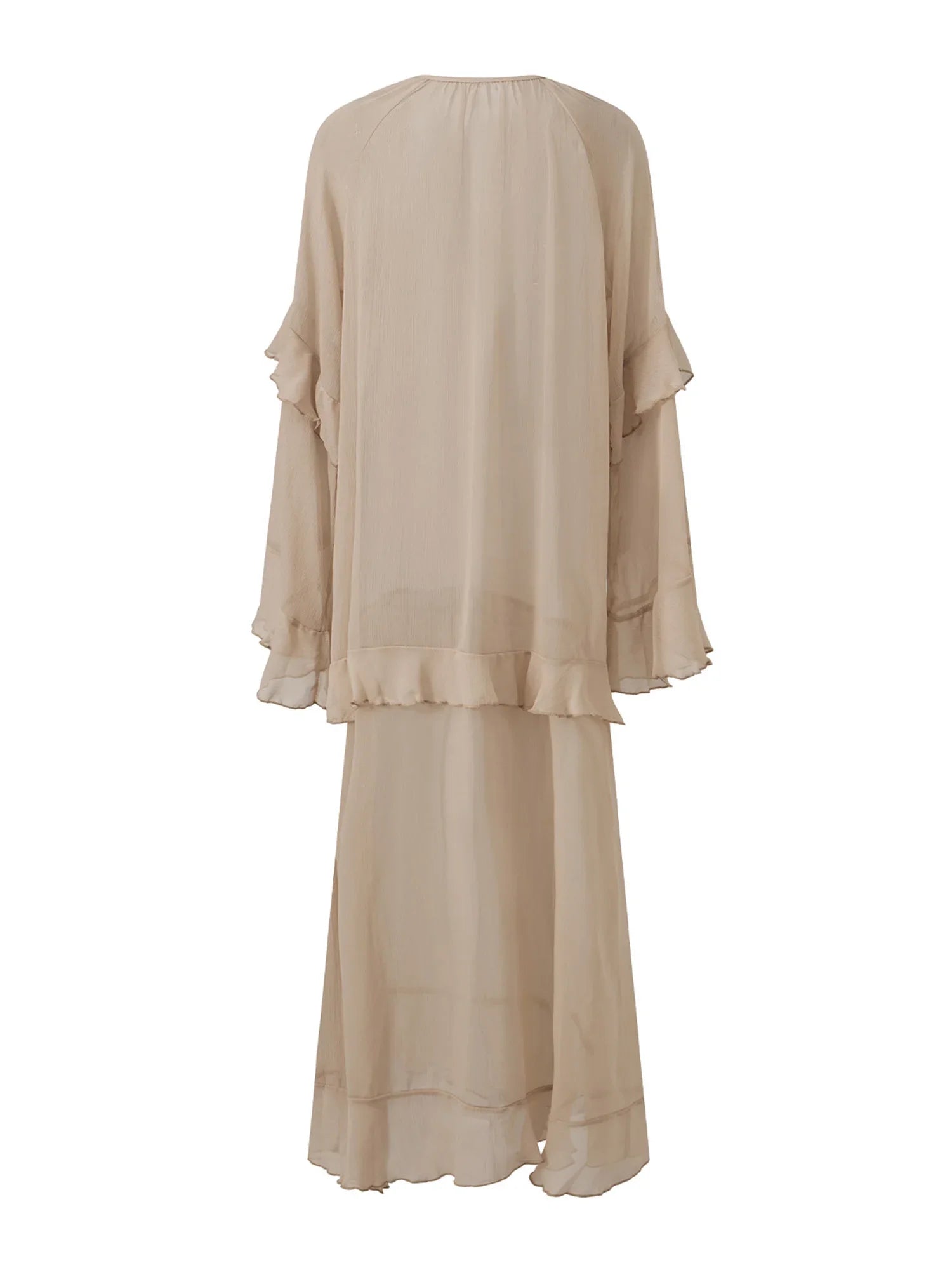Women's Sheer Chiffon Long Dress Stylish Ruffle Trim V Neck Long Sleeve Loose Fit Dress See Through Cover-ups Streetwear
