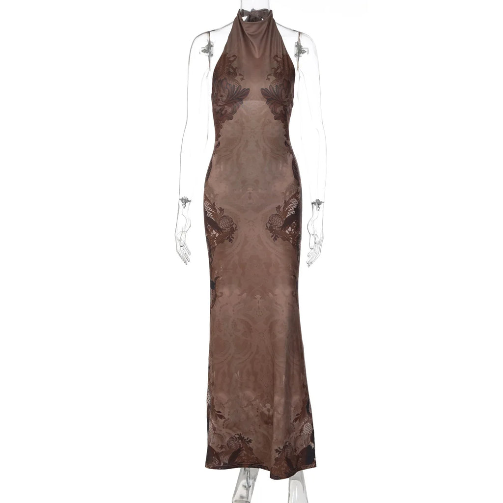 FDYOUI Women Vintage Halter Printed Long Party Club Dresses 2026 Summer Ladies Sexy Backless Lace-up Bodycon Evening Prom Dress