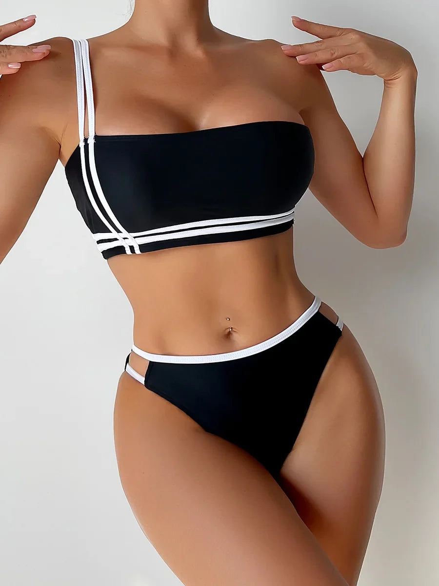 Splicing One Shoulder Bikini Women Swimwear Female Bandeau Swimsuit Two-pieces Bikini Set High Cut Bathing Suit Swim Beach Wear