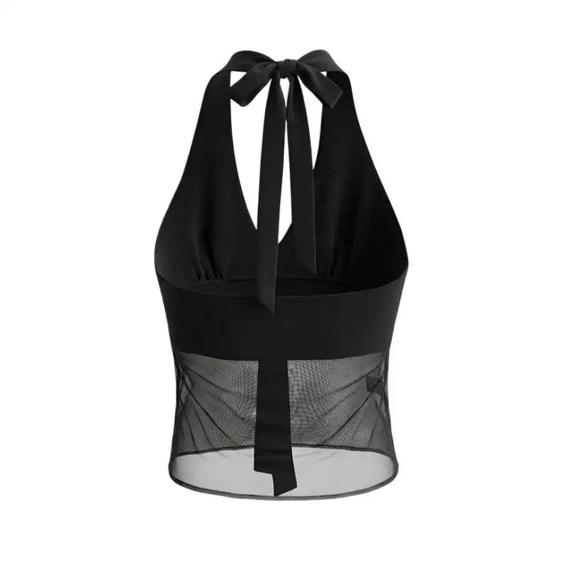 Vietnamese Sexy Halter Neck Strap Tank Top Feminine Mesh Transparent Slim Fit Large Open Back Short Camisole Top Casual RUKJ