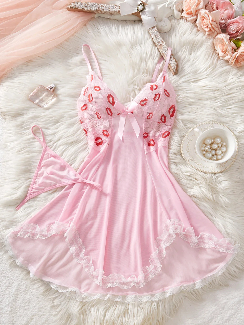 Pink Lips Sexy Lingerie Kawaii Babydoll Dress Women Lace See Through Nightdress Sleepwear Soft V Neck Erotic Pajamas With Thongs