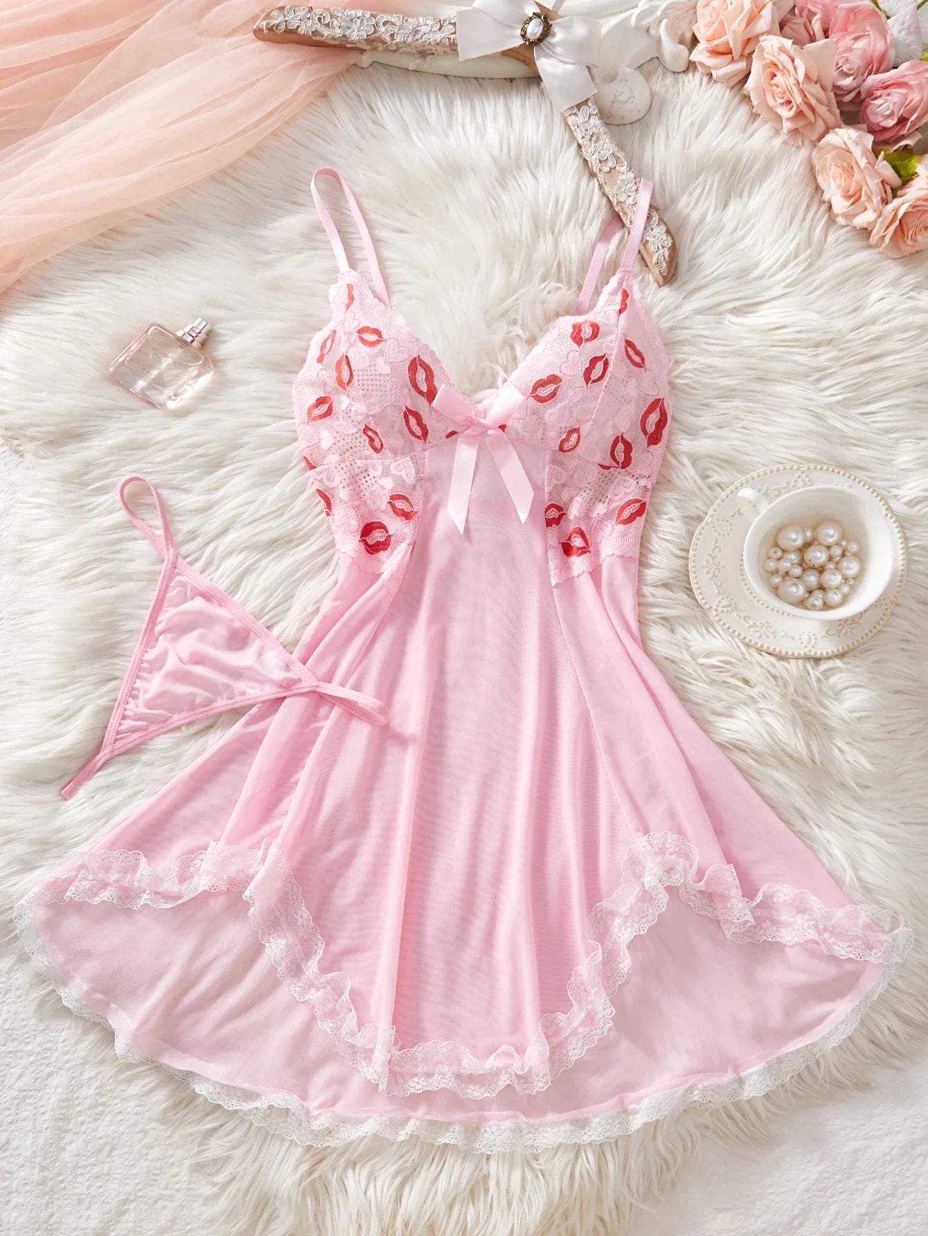Pink Lips Lingerie Kawaii Intimate Dress Women Lace Nightdress Sleepwear Soft Pajamas With Thongs