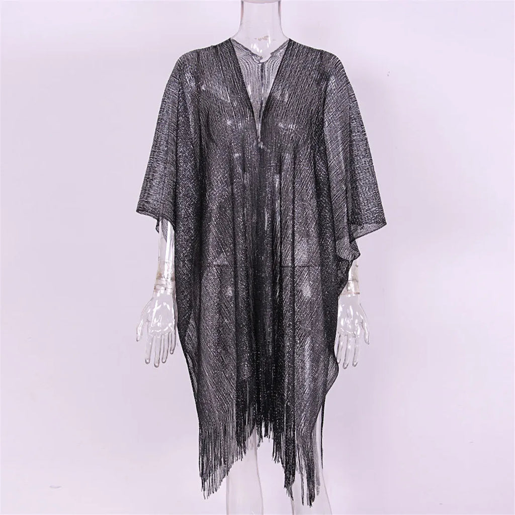 Sexy Fringe Tassel Mesh Sheer Shiny Knitted Tunic Beach Cover Up Cover-ups Beach Dress Beach Wear Beachwear Female Women V3321
