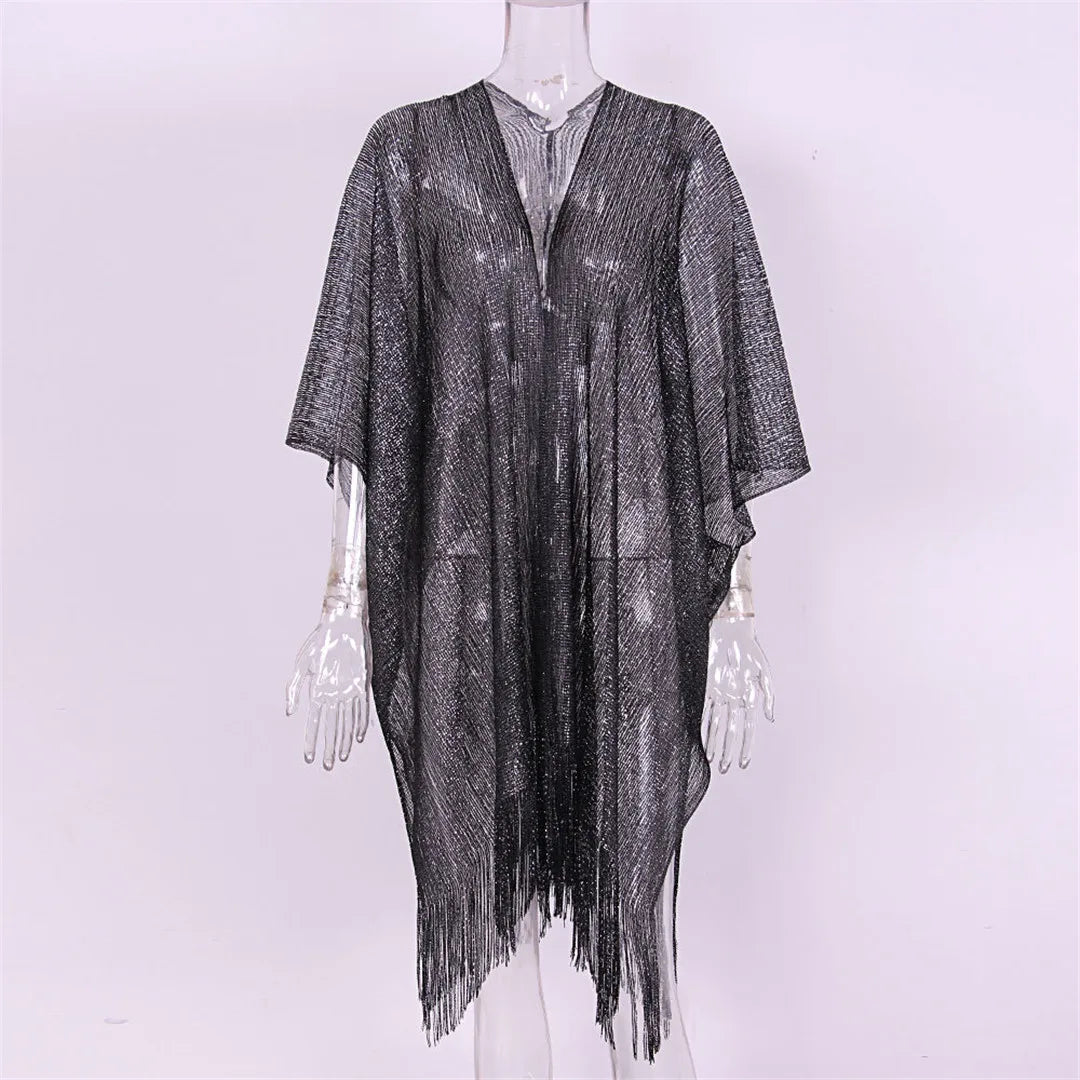 Sexy Fringe Tassel Mesh Sheer Shiny Knitted Tunic Beach Cover Up Cover-ups Beach Dress Beach Wear Beachwear Female Women V3321