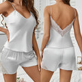 Summer Lace Satin Pajamas Set for Women Sexy Pajama Sets Backless Deep V Sleepwear Short Sleeve Cami Shorts Set