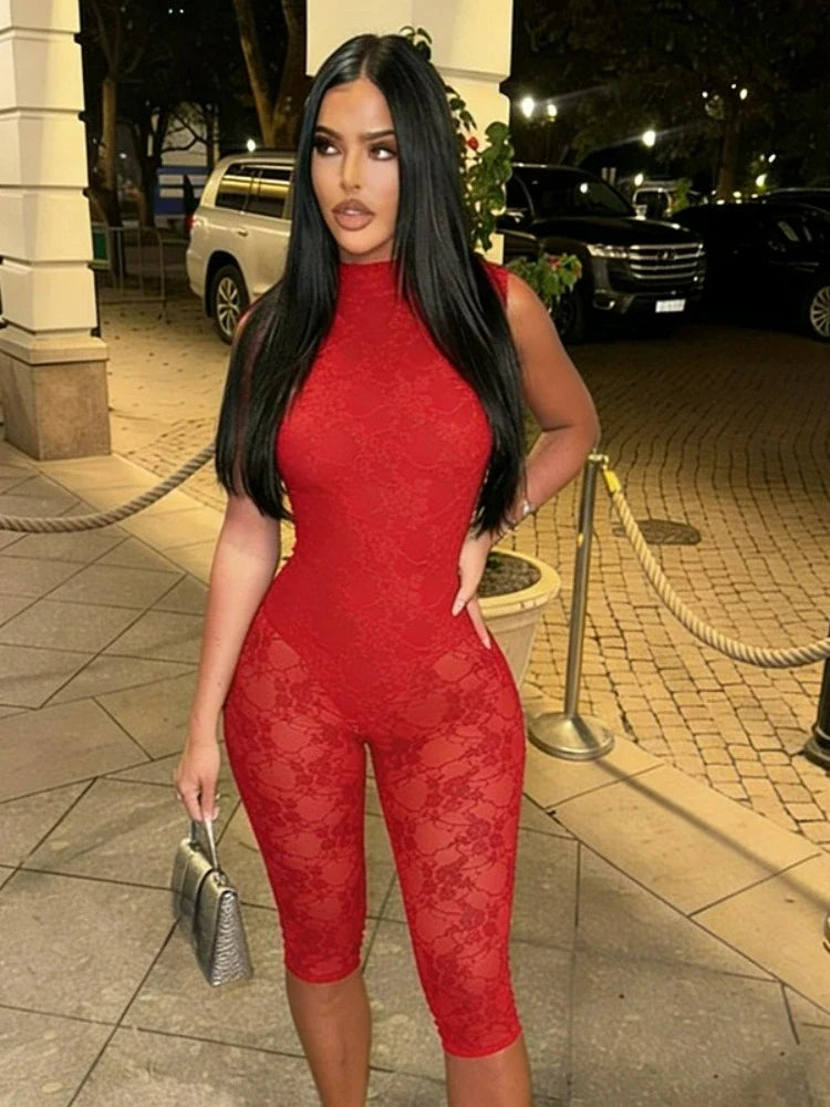 FDYOUI Women's Backless Sleeveless Bodysuits 2026 Summer Sexy Buttons Hollow Out Lace Jumpsuits Night Club Overalls Black Red