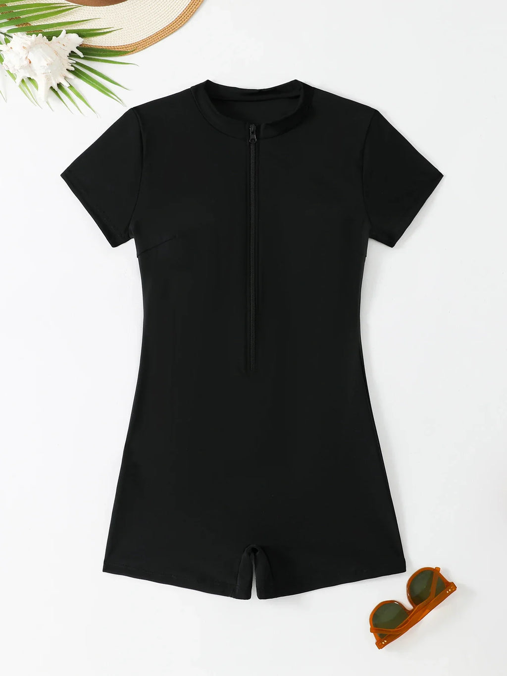 2026 Zipper Swimsuit One Piece Short Sleeves Swimwear Women Sexy Solid Bathers Bathing Swimming Swim Suit Female Beachwear