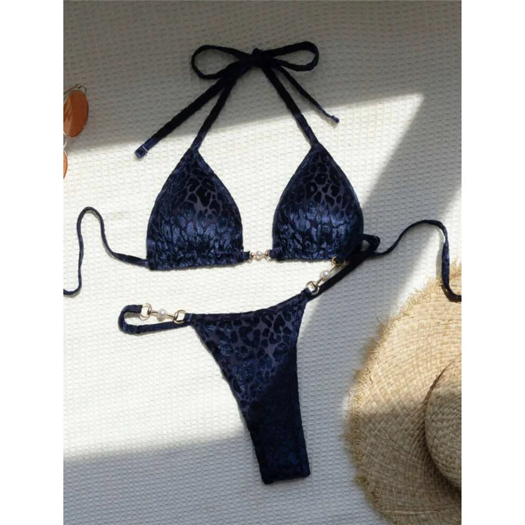 S- XL Leopard Halter Mini Micro Thong Bikini Women Swimwear Female Swimsuit Two-pieces Bikini Set Bather Bathing Suit Swim V5207