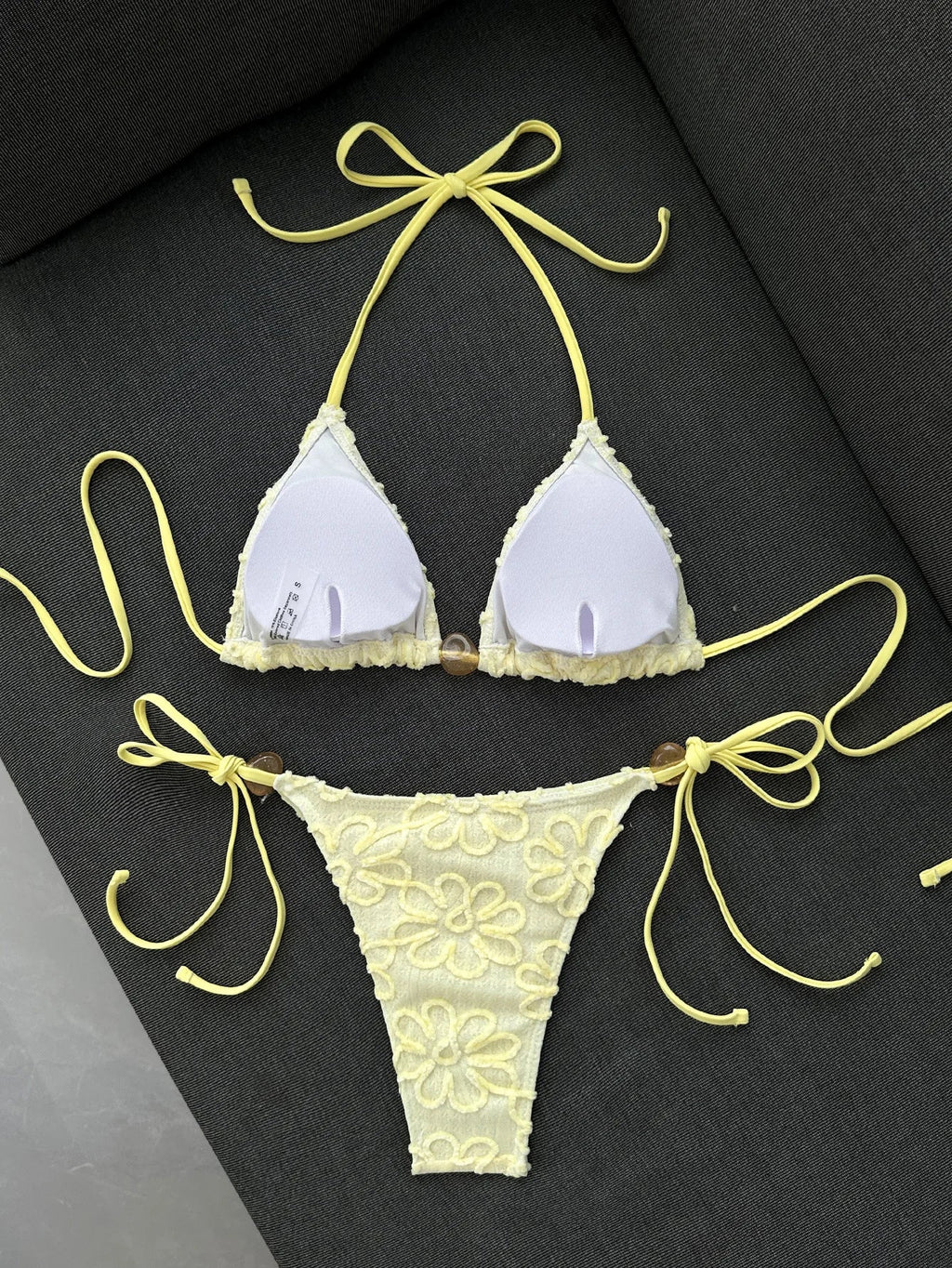 Sexy Yellow 3D Flower Micro Bikini 2026 Women Hole Out Stone Strap Push Up Bra Thong Swimsuit Holiday Bathing Suit Swimwear