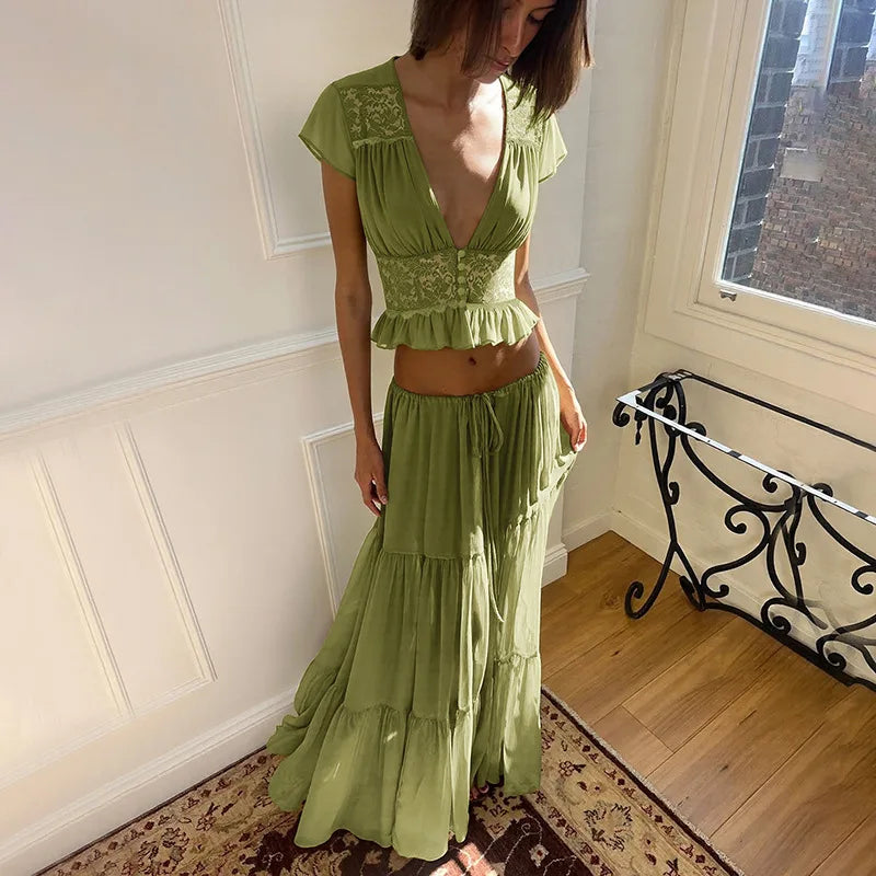 FDYOUI Sexy V-neck Lace Patchwork T-shirt Tops+Long Skirt 2 Piece Set Women's Summer Green Holiday Party Dress Suit Streetwear