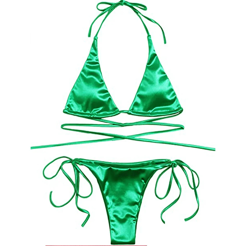Sexy Satin Halter Brazilian Padded Bikini Female Swimsuit Women Swimwear Two-Pieces Bikini Set Bather Bathing Suit Swim V4966S