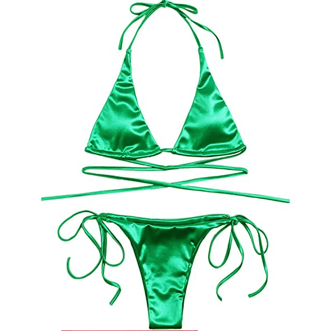 Sexy Satin Halter Brazilian Padded Bikini Female Swimsuit Women Swimwear Two-Pieces Bikini Set Bather Bathing Suit Swim V4966S