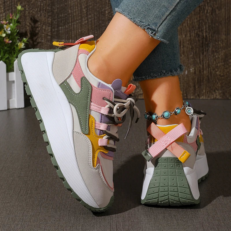 New Mixed Color Chunky Platform Sneakers Women 2026 Fashion Lace Up Thick Bottom Vulcanized Shoes Woman Non Slip Old Dad Shoes