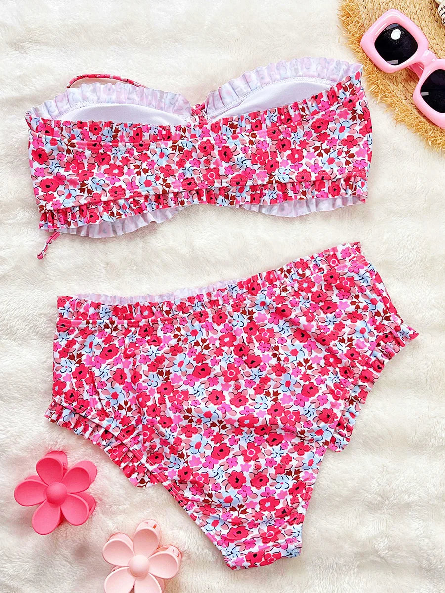 Flowers Printed Ruffled Bandeau Female Swimsuit High Waist Bikini Women Swimwear Two-pieces Bikini set Bather Bathing Suit Swim