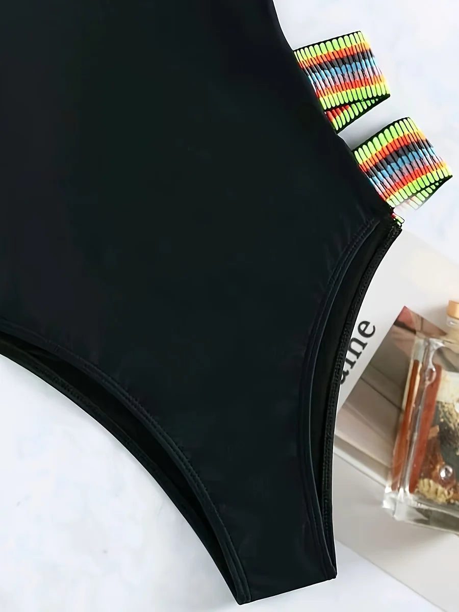 Splicing Black Contrast Women Swimwear One Piece Swimsuit Female Monokini High Cut Bather Backless Bathing Suit Swim Beachwear