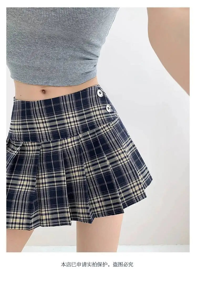 American Style Retro Low Waisted JK Plaid Pleated Skirt Women 2026 Summer New Spicy Girl Wrap Hip Slim A-line Ultra Skirt YOQG