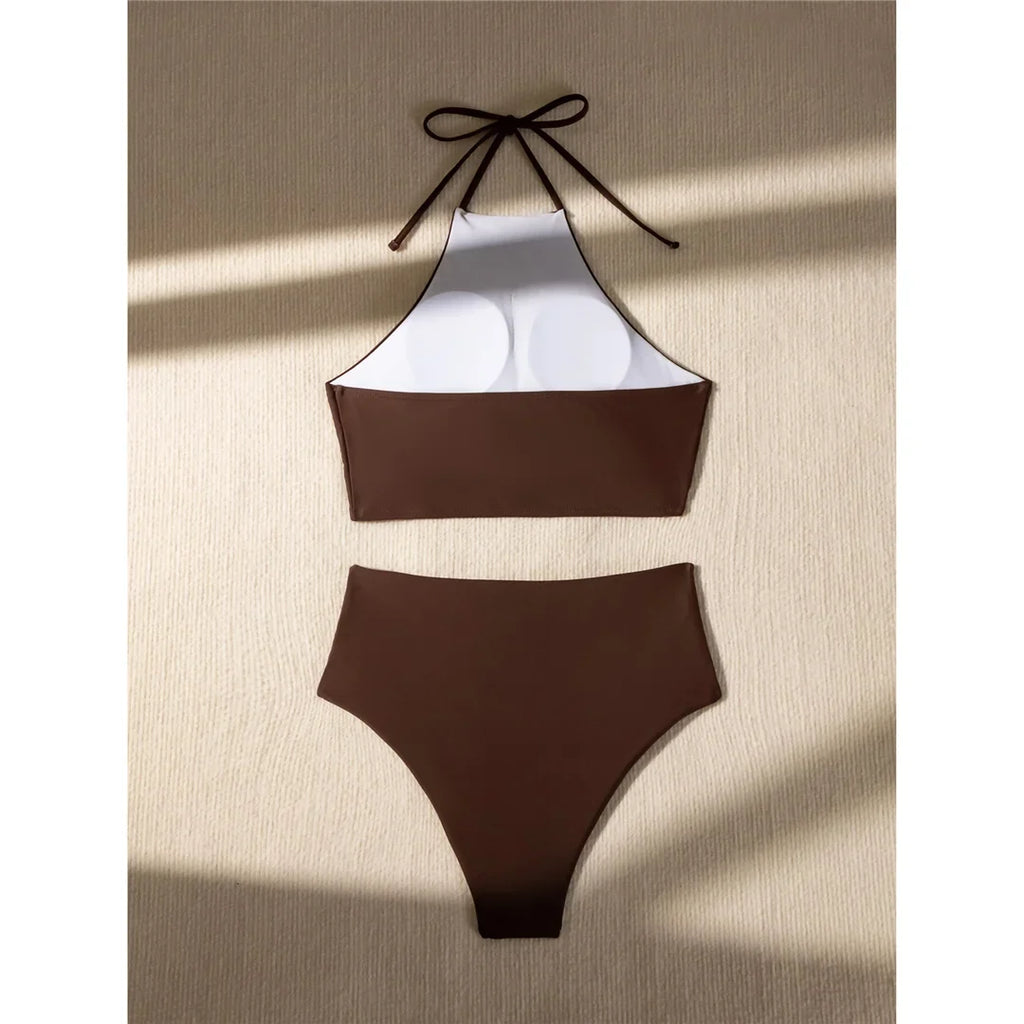 Halter Wrinkled High Neck Female Swimsuit High Waist Bikini Women Swimwear Two-pieces Bikini set Bather Bathing Suit Swim K5616