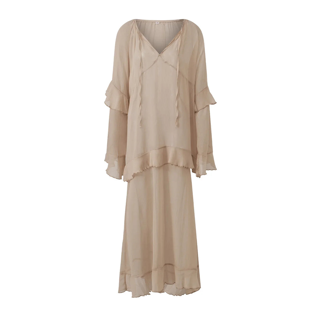 Women's Sheer Chiffon Long Dress Stylish Ruffle Trim V Neck Long Sleeve Loose Fit Dress See Through Cover-ups Streetwear