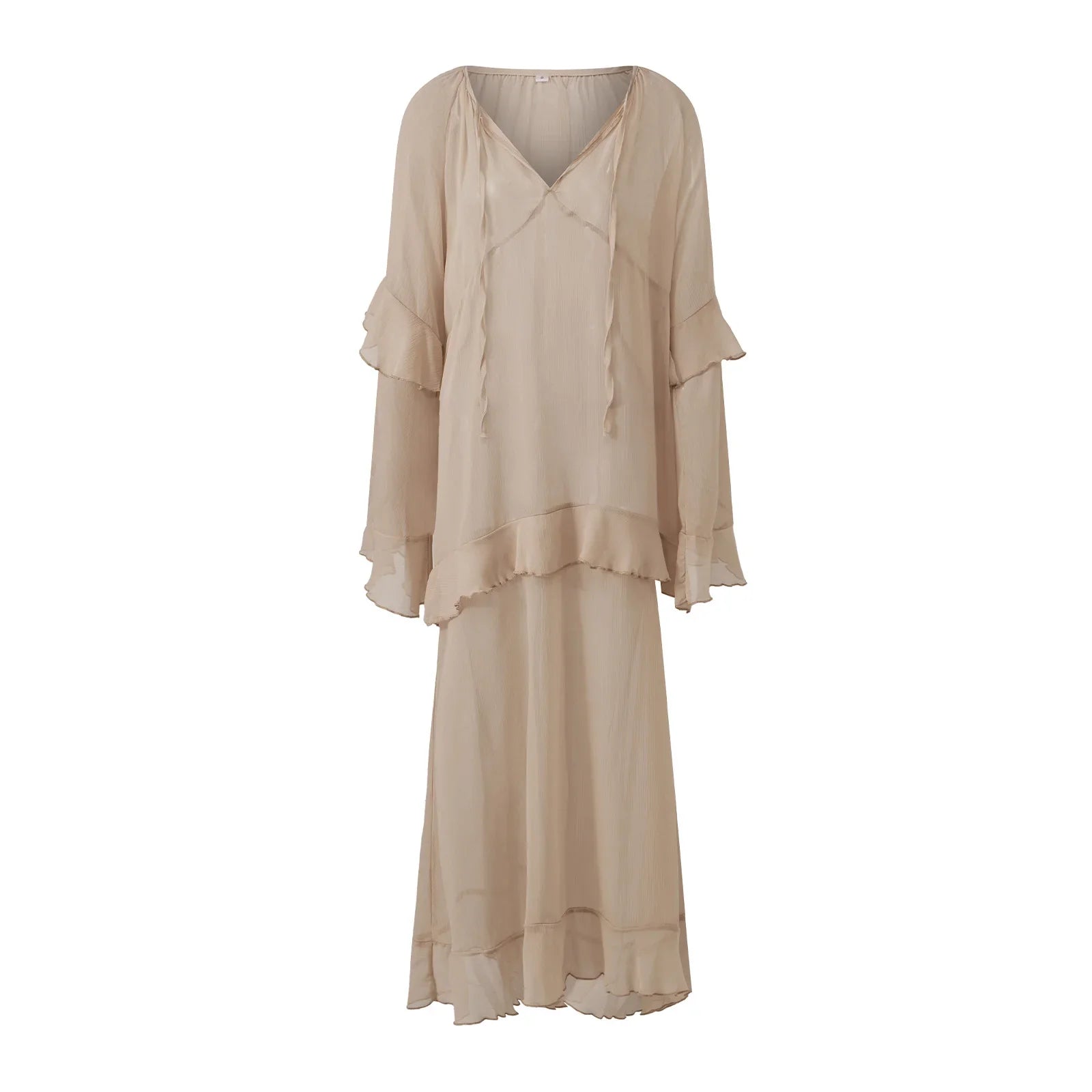 Women's Sheer Chiffon Long Dress Stylish Ruffle Trim V Neck Long Sleeve Loose Fit Dress See Through Cover-ups Streetwear