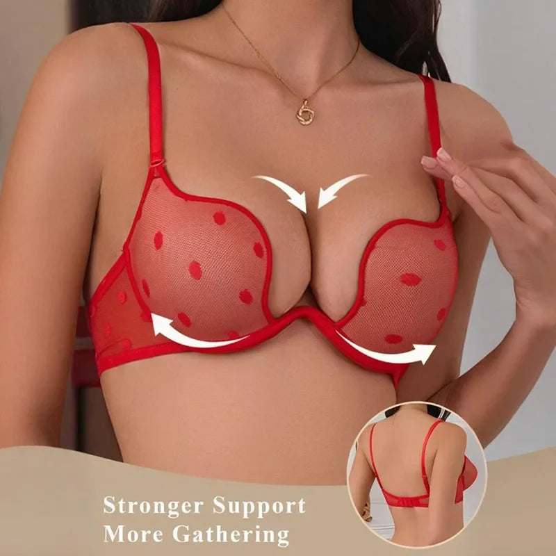 Low Cut Sexy Bra Underwire Red Plunge Push Up Padded Lingerie Bra T-shirt Lingerie Daily Bra