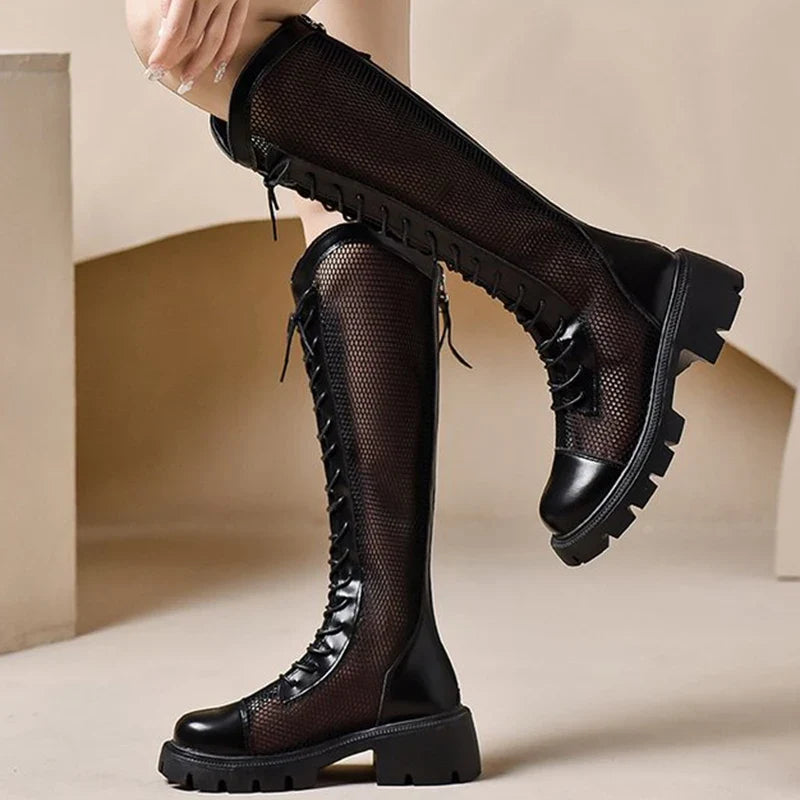 Fashion Breathable Mesh Boots for Woman Summer Solid Zipper Mid-Calf for Women Round Toe Lace Up High Heels Shoes Ladies