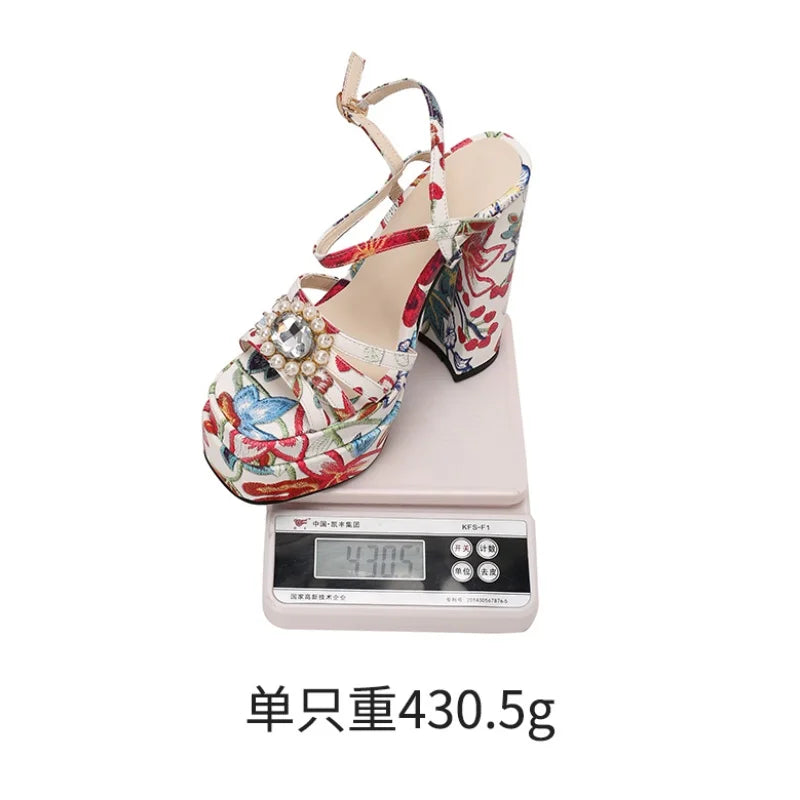 Ethnic Bohemia Sandals Women 2026 Summer Shoes Flower Print Ankle Strap Platform Block High Heels Crystal Pearl Studded