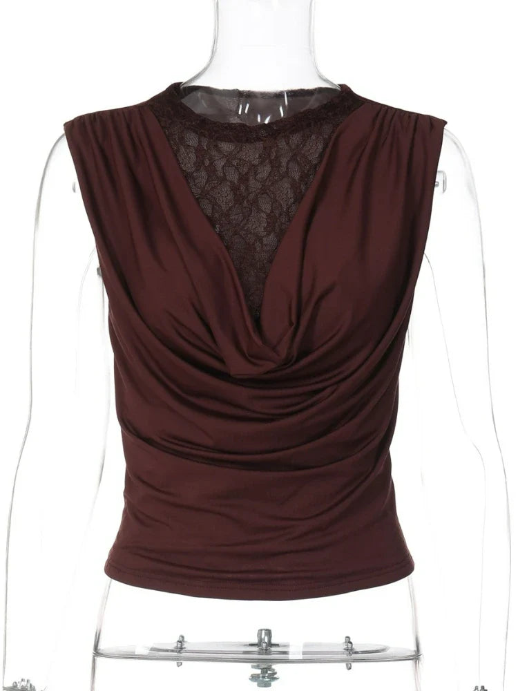 FDYOUI Elegant Lace Patchwork Tank Tops 2026 Summer See-through Sleeveless T-shirt Ladies Folds Slim Corset Crop Top High Street