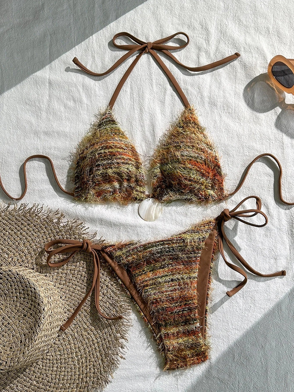 Sexy Coffee Striped Micro Bikini 2026 Women Towel Cloth Circle Push Up Bra Tie Side Thong Swimsuit Bathing Suit Holiday Swimwear