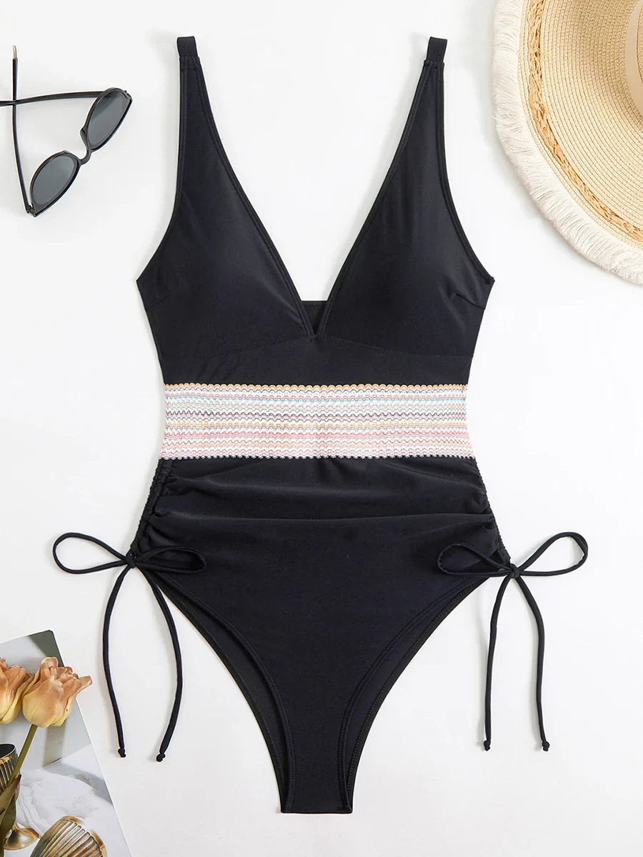 2026 Sexy Solid One Piece Swimsuit Women V-neck Drawstring Swimwear Female Bathers Bathing Swimming Swim Suit Beachwear