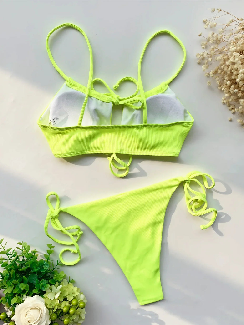 sexy solid ribbed bow tie bikinis sets two pieces hollow thong swimsuit bathing suit swimwear biquini bakini tankini