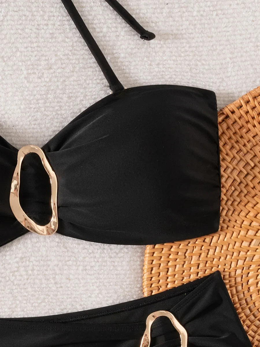 S - XL Metal Rings Halter Female Swimsuit High Waist Bikini Women Swimwear Two-pieces Bikini set Bather Bathing Suit Swim Lady