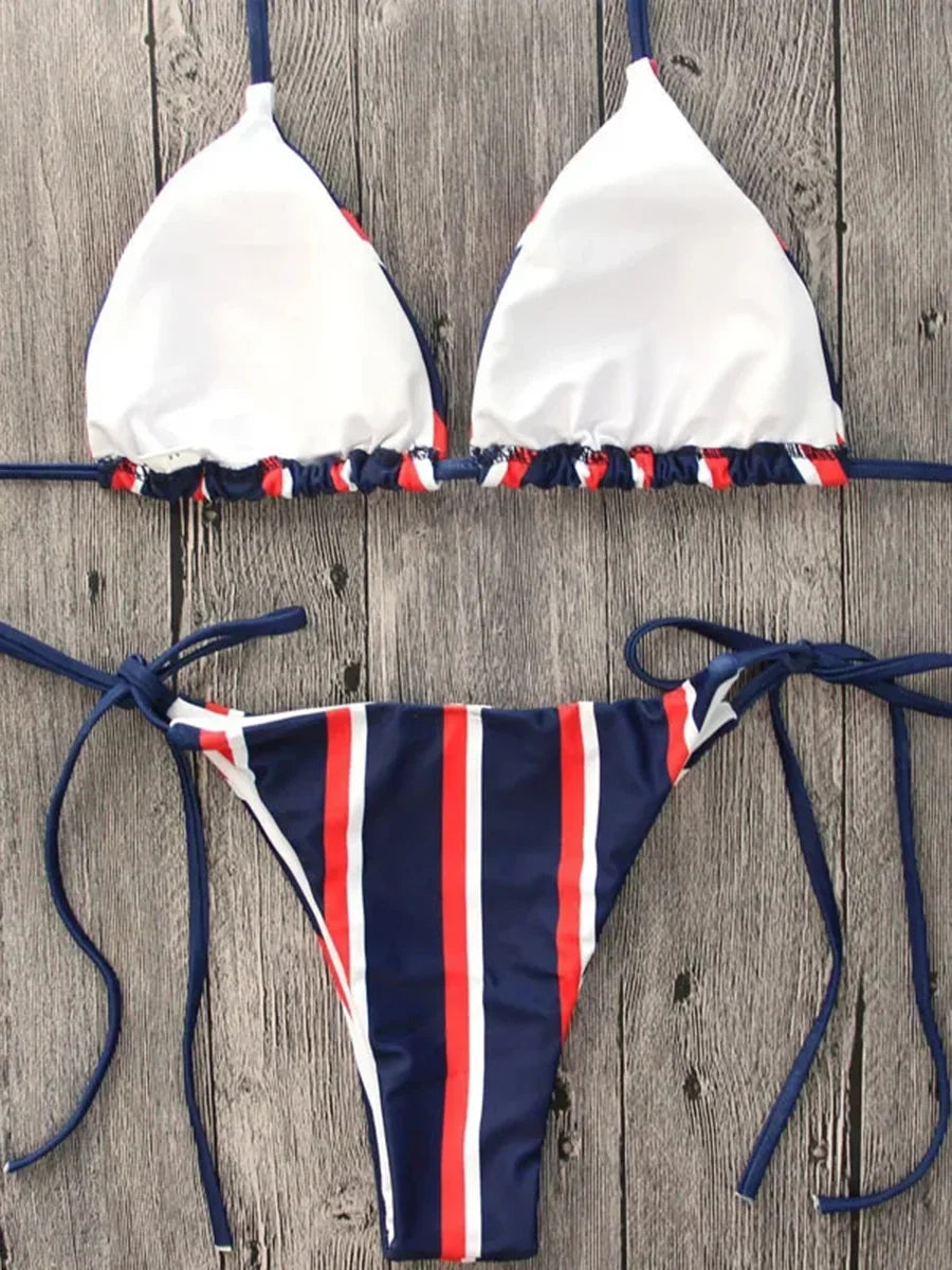 New Sexy Halter Striped Bikini 2025 Women Swimsuit Female Swimwear Two Pieces Bikini Set Brazilian Bather Bathing Suit Swim Lady