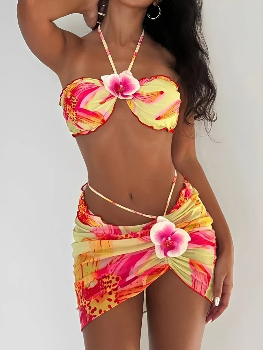 3D Floral Halter Bandeau Bikinis 2026 Padded Swimsuit Women 3 Pieces Swimwear Female Bather Bathing Swimming Swim Suit Beachwear