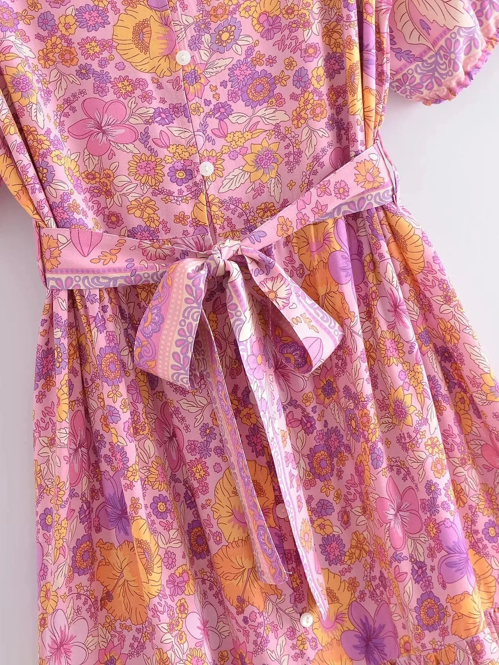 Foridol Single Breasted Bohemian Holiday Summer Women Dress Belt Casual Loose Maxi Floral Dress Short Sleeve Long Viscose Dress