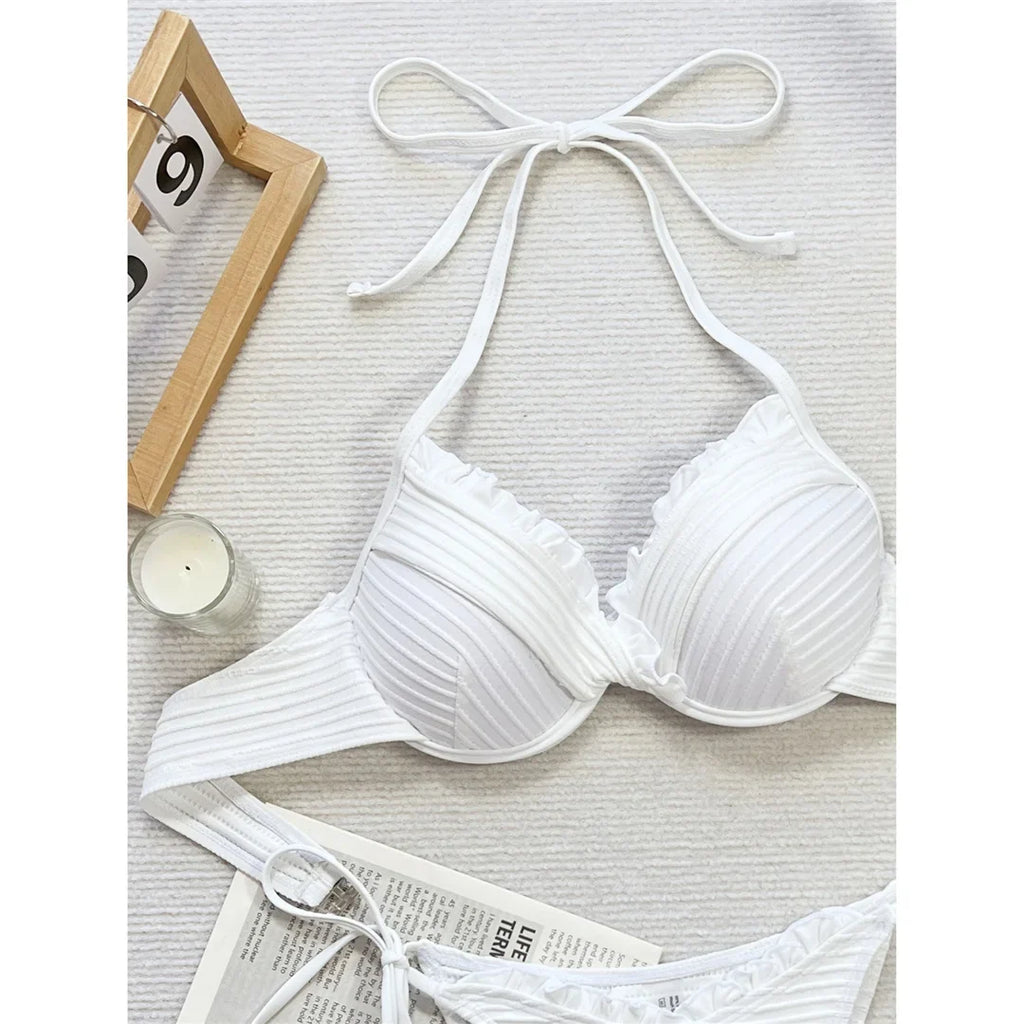 New Halter Frilled Underwired Bra Cup Bikini Women Swimwear Female Swimsuit Two-pieces Bikini set Bather Bathing Suit Swim K5837