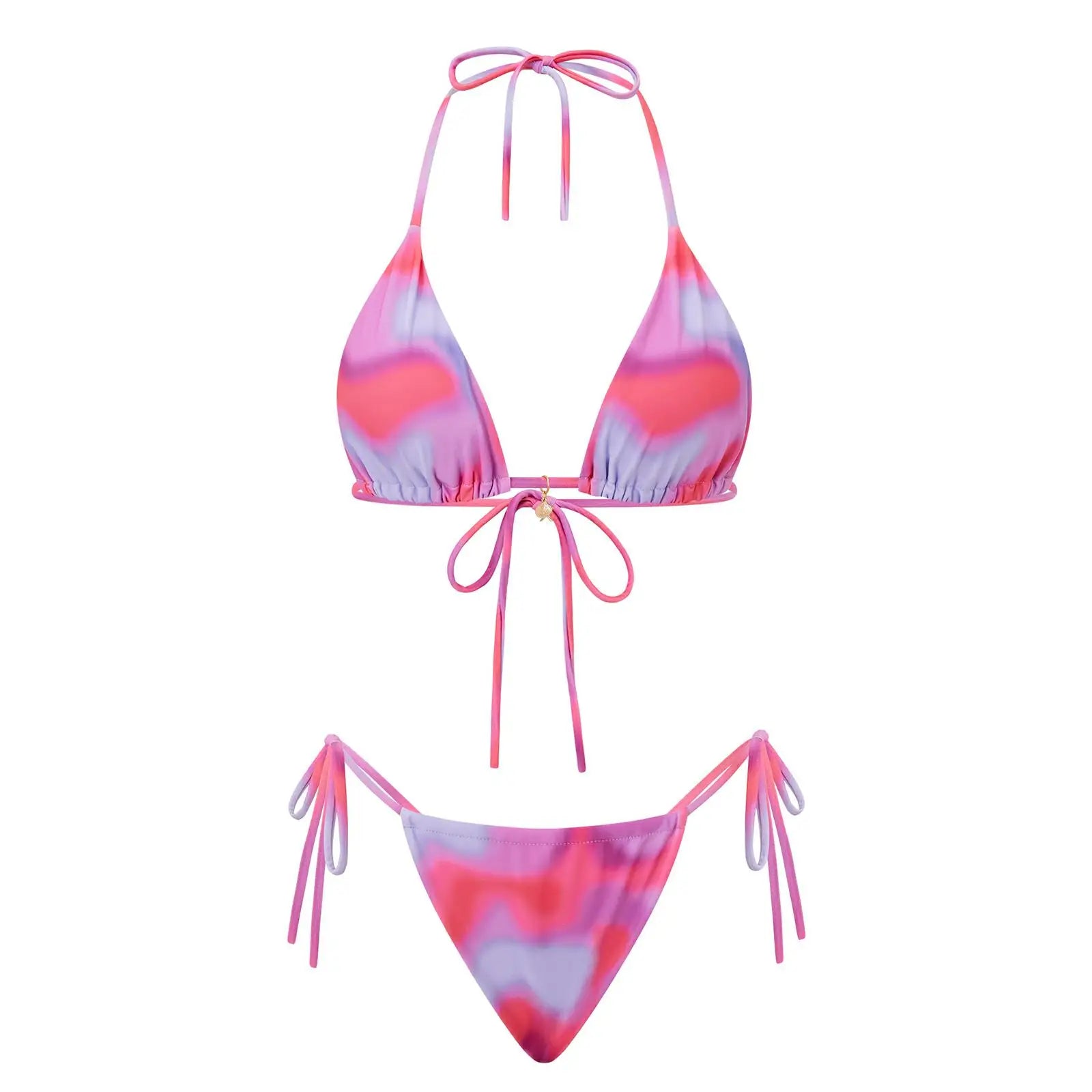 Combhasaki Women's Y2K Goth 2Pieces Tie-up Bathing Suits Sleeveless Halter Neck Backless Floral Bra + Low Waist Thong Swimsuits