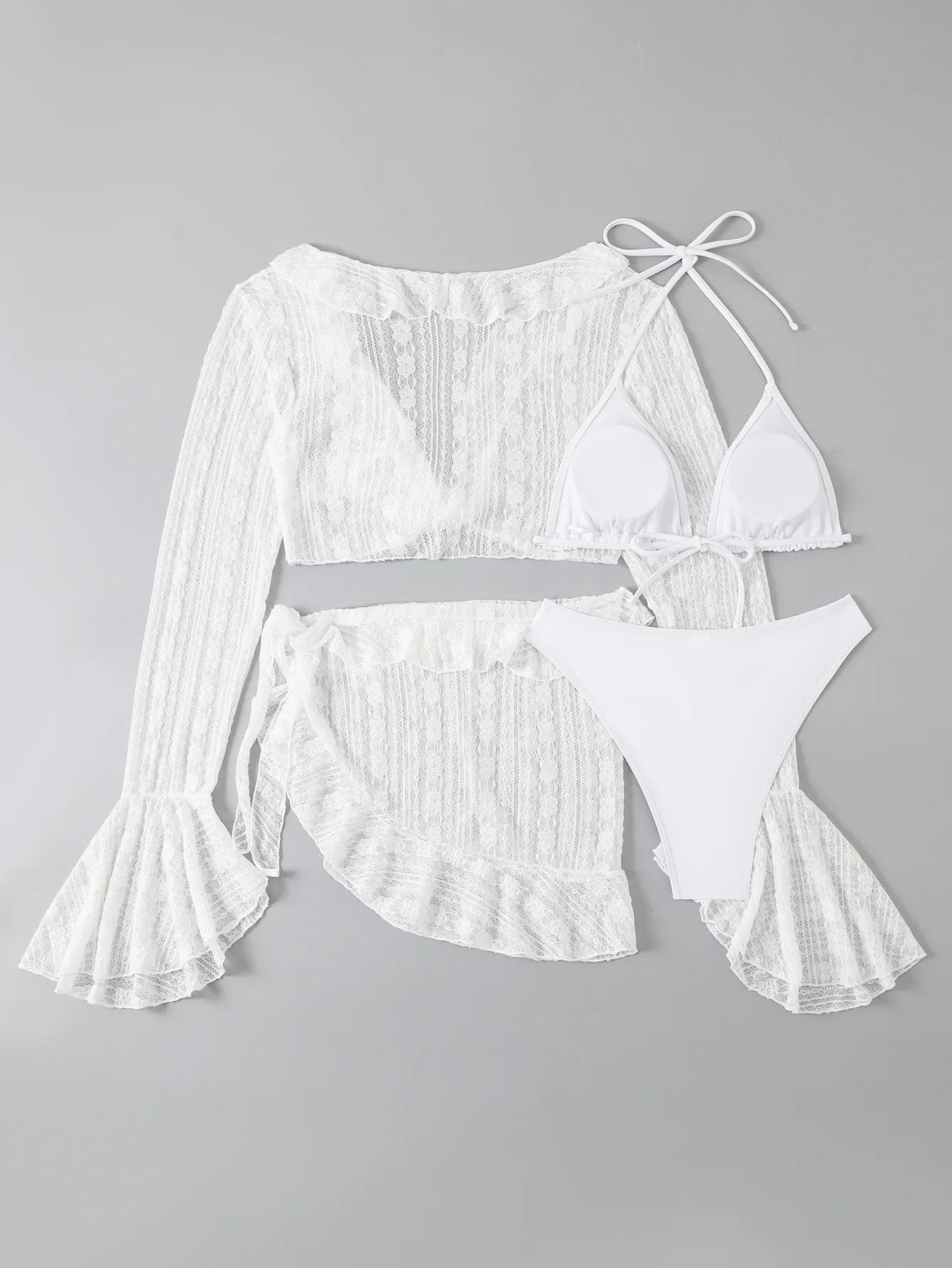 Women micro mini halter bikini sets 4 pieces with ruffles perspective cover tops and skirt swimsuit bathing suit beach outfits