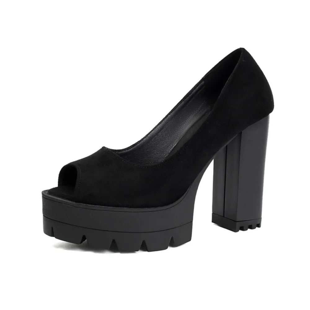 Ladies Vintage Flock Black Peep Toe Pumps Classic Summer Chunky High Heels Women Slip On Party OL Single Shoes Big size 36-46
