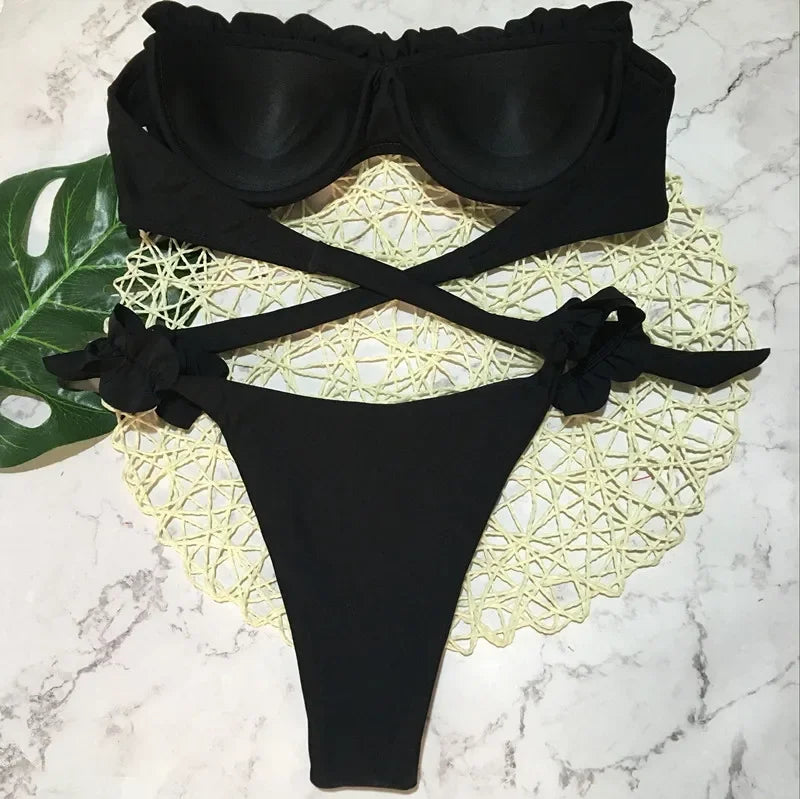 Sexy Ruffled Frilled Bra Cup Bikini 2026 Women Bandeau Swimsuit Female Swimwear Two Pieces Bikini Set Push Up Bathing Suit Swim